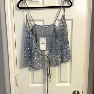 NWT Zara sequin tie front top
